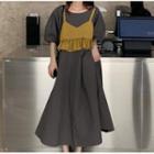 Puff-sleeve A-line Midi Dress / Spaghetti Strap Frill Trim Top