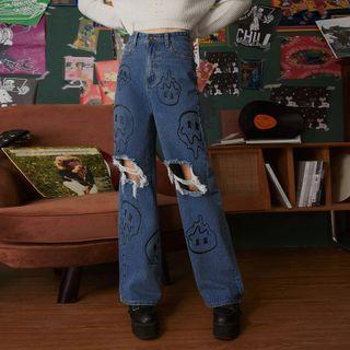 Midi Waist Cartoon Print Distressed Wide Leg Jeans