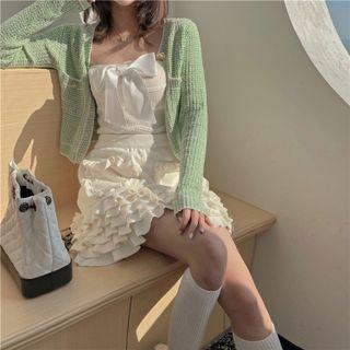 Cropped Cardigan / Bow Tube Top / Tiered Mini Skirt
