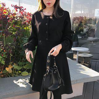 Round-neck Buttoned A-line Dress Black - One Size