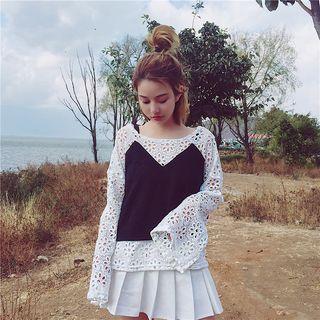 Eyelet Lace Mock Two-piece Long-sleeve Top
