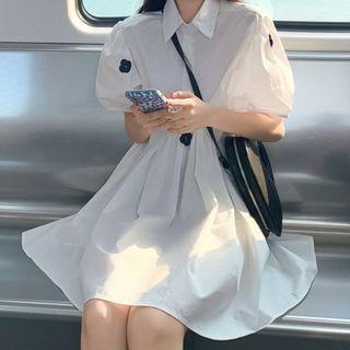 Puff-sleeve Floral Shirtdress White - One Size