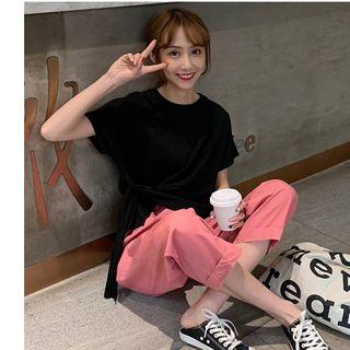 Side Tie Short-sleeve T-shirt / High Waist Straight-cut Pants