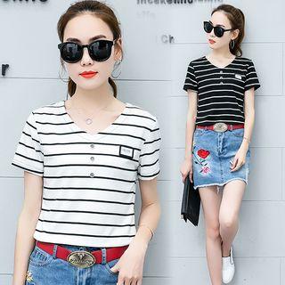 Set: Stripe Short-sleeve T-shirt + Embroidered Mini Skirt