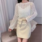 Crochet Knit Long-sleeve Top / High-waist Mini A-line Skirt With Belt Bag