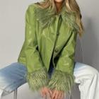 Detachable Fluffy Collar Faux Leather Button-up Jacket