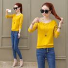 Long-sleeved Loose-fit Plain Panel Lace T-shirt