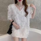 Short-sleeve V-neck Plain Faux Furry T-shirt