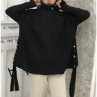 Fleece Lined Slit-side Buttoned Pullover Black - One Size