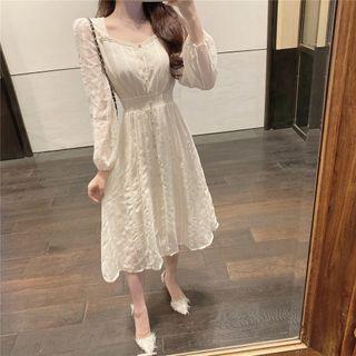 Long Sleeve Square Neck Lace Panel Chiffon Dress