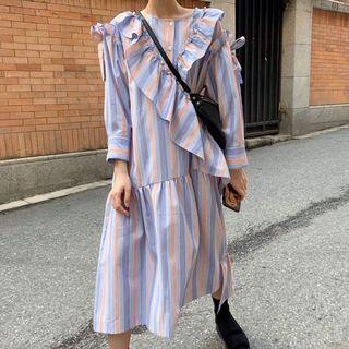 Striped Long-sleeve Midi Dress As Shown In Figure - One Size