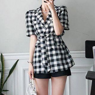 Short-sleeve Gingham Tie Waist Blazer