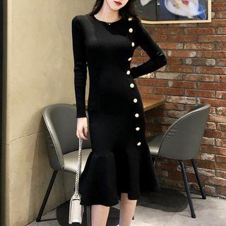 Long-sleeve Buttoned Midi Knit Sheath Dress