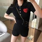 Short-sleeve Heart Embroidered Knit Polo Shirt