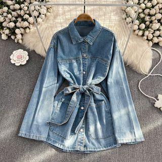 Long Sleeve Denim Shirt Dress With Sash Blue - One Size