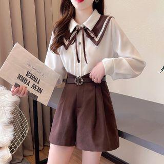 Set Of 2: Peter Pan-collar Color Block Bow Blouse + High-waist Plain Wide-leg Shorts