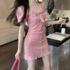 Short-sleeve Ruffle Button-up Mini Sheath Dress