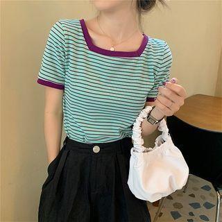 Color-block Striped Square-neck Short-sleeve Top