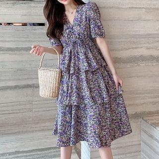 Puff-sleeve Floral Layered Dress