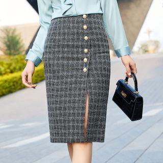 Plaid Slit-hem Pencil Skirt