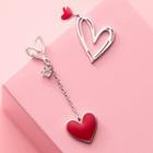 Non-matching 925 Sterling Silver Heart Dangle Earring 1 Pair - S925 Silver - Silver & Red - One Size