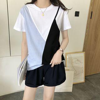 Short-sleeve Paneled T-shirt Blue Stripe & White & Black - One Size