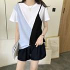 Short-sleeve Paneled T-shirt Blue Stripe & White & Black - One Size