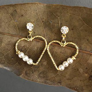 Rhinestone Faux Pearl Heart Drop Earring 1 Pair - Gold - One Size