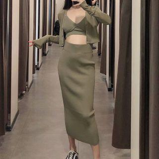 Cropped Cardigan / Knit Camisole / Midi Straight-fit Skirt