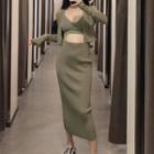 Cropped Cardigan / Knit Camisole / Midi Straight-fit Skirt