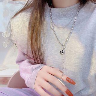 Heart Check Pendant Layered Alloy Necklace Silver - One Size