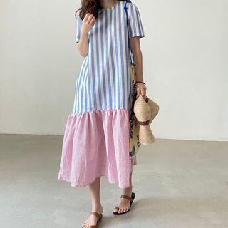 Short-sleeve Striped Paneled Midi Shift Dress