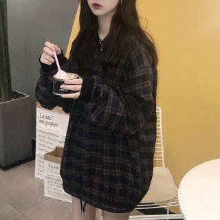 Plaid Drawstring Hem Long Pullover Plaid - Dark Gray - One Size