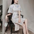 Short-sleeve Print Mandarin Collar Midi Dress