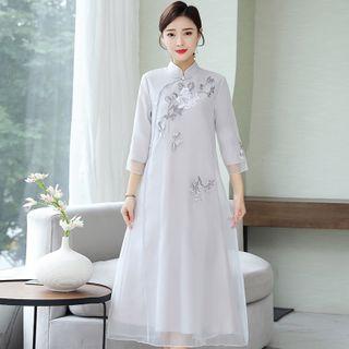 3/4-sleeve Mandarin Collar Embroidered Midi A-line Dress