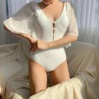 Bell-sleeve V-neck Swimsuit