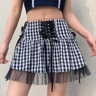 Lace-up Checkered Mesh Trim Mini A-line Skirt