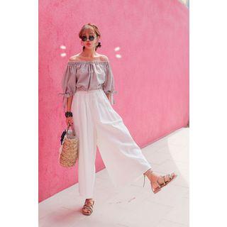 Off-shoulder Balloon-sleeve Gingham Top