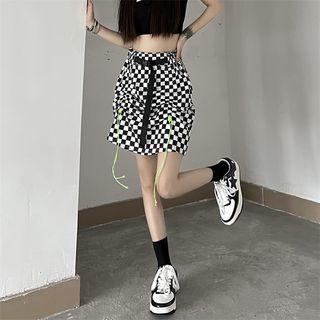 Checker Print Drawstring Pencil Skirt