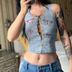 Butterfly Embroidered Denim Crop Tank Top