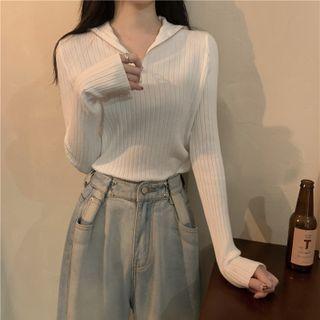 V-neck Plain Zip Ribbed Knit Top