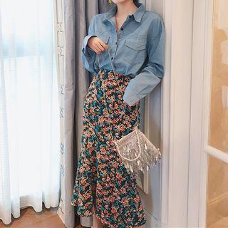 Denim Shirt / Floral Midi Pencil Skirt