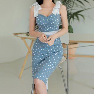 Tie-shoulder Dotted Midi Sheath Dress