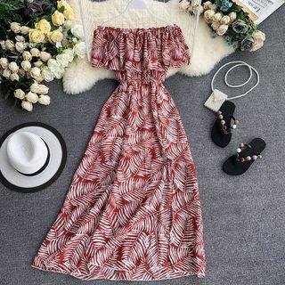 Leaf Print Off Shoulder Maxi Sun Dress