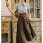 Set: Dotted Puff-sleeve Shirt + High-waist Midi A-line Skirt
