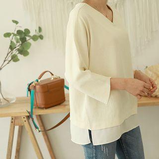 Chiffon-hem V-neck Boxy Top
