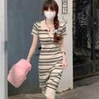 Short-sleeve Polo-neck Striped Knit Midi Dress Almond - One Size