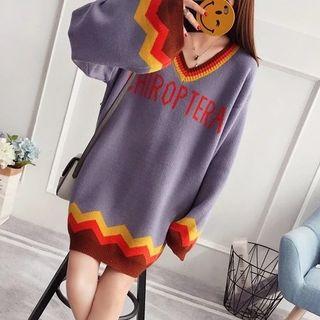 V-neck Lettering Long-sleeve Midi Knit Dress