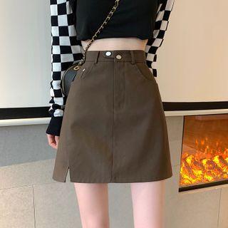 Faux Leather Plain Slit A-line Mini Skirt