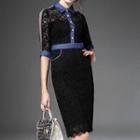 Elbow-sleeve Lace Panel Midi Dress